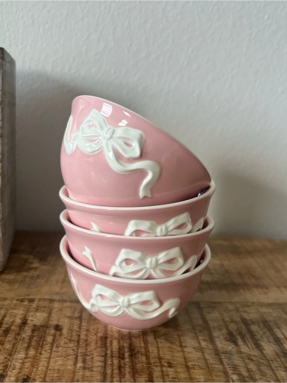New 4pc Pink Bow Stoneware Small Bowl Set